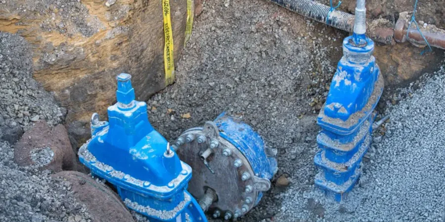 Gate valves in a dug trench in a pavement - part of a water supply network in the UK.